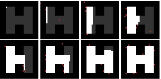 Figure 3-5: Simulated construction of a sample structure of inert blocks, showing successive snapshots during the process of construction by ten robots