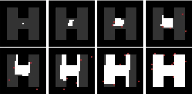 Figure 3-8: Simulated construction of a sample structure of labeled blocks, showing successive snapshots during the process of construction by ten robots