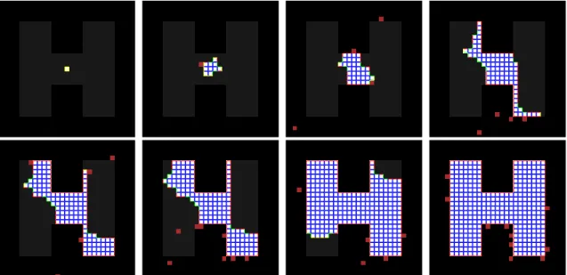 Figure 3-11: Simulated construction of a sample structure of communicating blocks, showing successive snapshots during the process of construction by ten robots