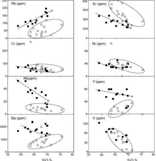 Fig. 11. Trace elements in the Harker diagrams for the Bravo and Tanquinho granulitic country rocks and the Bravo Granite