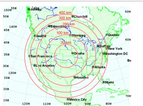 Fig. 7 Samples of E1 HEMP exposed regions for several burst heights. The red circles show the exposed regions for the given burst heights, for a nuclear burst over the central U.S.