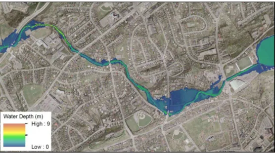 Figure 8: Floodplain map showing spatial patterns of flood depth corresponding to100-year flood for St John’s Rennies River,  NL