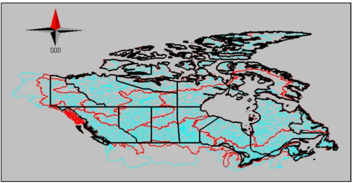 Figure 9: Division of Canada into large and small drainage basins on a map of scale 1:1 million