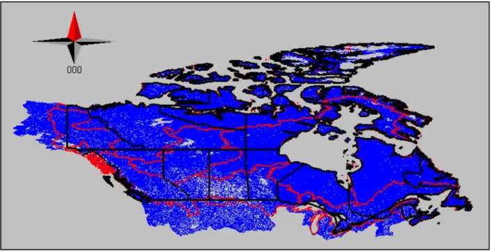 Figure 10: Canadian map showing large drainage basins and stream segments on a map of scale 1:1 million