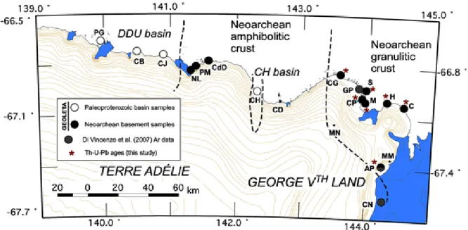 Fig. 2. Detailed samples location. Filled circles indicate the location of new ages obtained for the Neoarchaean domain, and open circles indicate those of the Paleoproterozoic domain