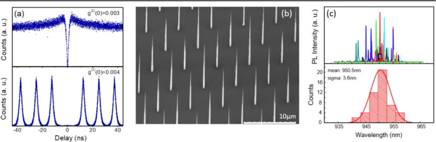 Figure 4. (a) Second-order correlation measurements from a nanowire QD for CW (upper panel) and pulsed (lower panel) excitation.