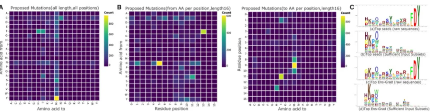 Fig. 6. Visualization of machine learning (ML) optimization. (A) Position independent proposed mutations map