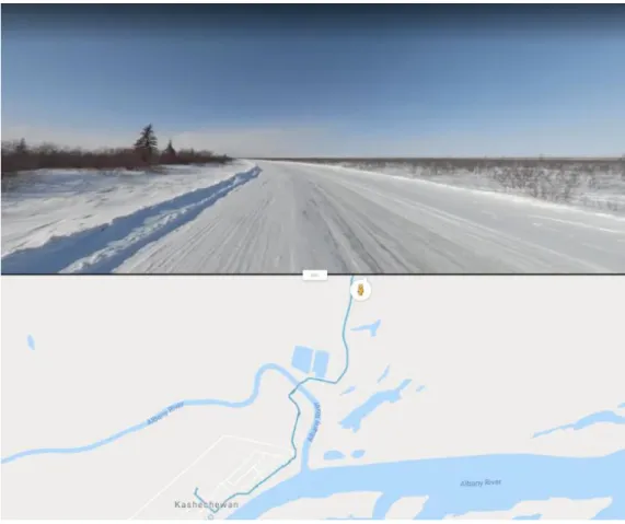 Figure 1: An Example Winter Road Segment in Northern Ontario (From Google Street View and Maps,  https://www.cbc.ca/news/canada/sudbury/winter-road-google-maps-1.5072359) 