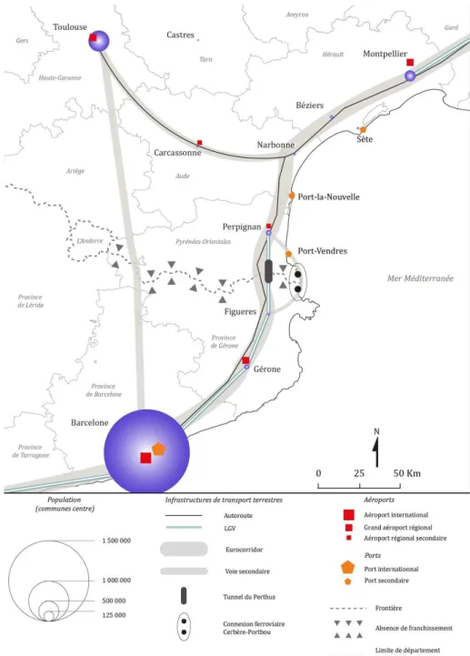 Figure 2 : Corridors de transport et infrastructures de communication dans le département des Pyrénées-Orientales