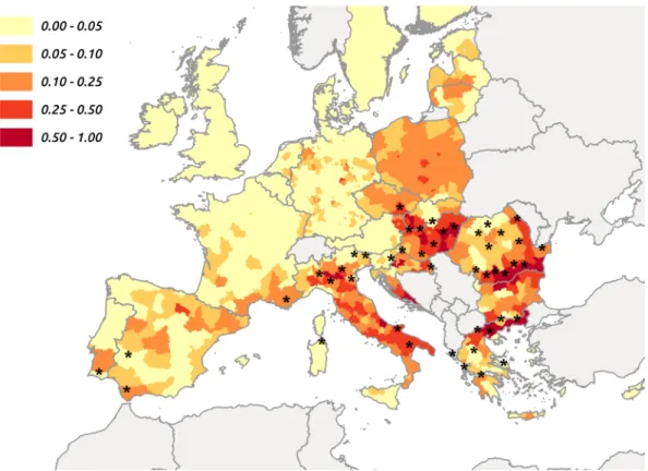 Fig 3. Map of the predicted occurrence of WND cases in administrative districts of the European Union between 2002 and 2014, according to the predicted structural bird-borne risk of WNV circulation and to the human population size (stars: Districts having 