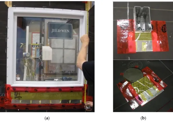 Figure 3. (a) Water collection troughs below the window; (b) water collection troughs below the electrical outlet and ven- ven-tilation duct