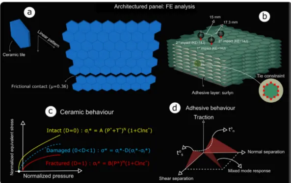 Fig. 3. Schematic showing the FE analysis: (a) Generation of architectured ceramic ply, (b) Assembly of the parts and deﬁnition of contact formulations, (c) Mechanical behaviour of ceramic tiles, and (d) Mechanical behaviour of adhesive interlayers.