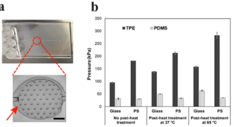 Figure 1. Thermoplastic elastomer (TPE) post preparation: (a) TPE posts were made using a 1 mm diameter biopsy punch  (b) and attached in center of individual wells of a 96-well cell culture plate