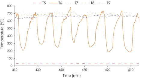 Fig. 4. Temperatures recorded by thermocouples T 5 to T 9 during an experiment with wood chips and minimum air flow rate.