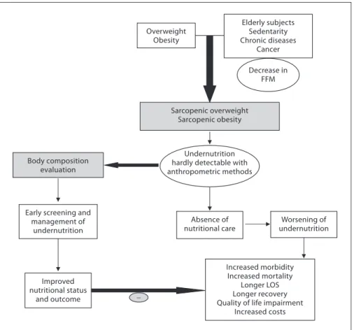 Fig. 1.   Conceptualization of the expected  impact of early use of body composition  for the screening of fat-free loss and  under-nutrition in sarcopenic overweight and  obese subjects