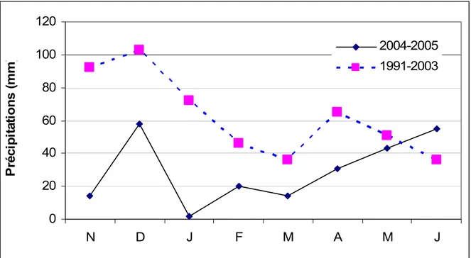 Figure 3: Pluviométrie mensuelles de la campagne 2004-2005 vs la moyenne 1991-2003. 