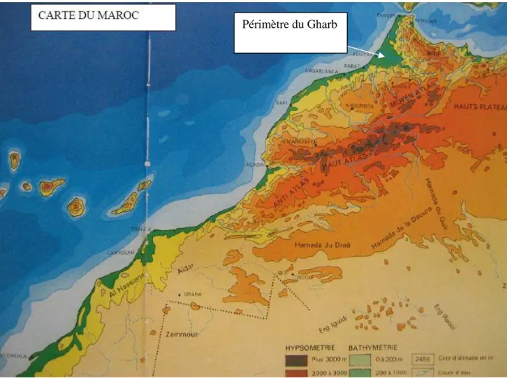 Figure 4. Carte du Maroc avec localisation du périmètre irrigué du Gharb  (Source : Bzioui 2004) 