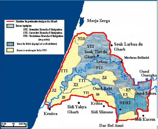Figure 5. Carte des différentes tranches d’aménagement du périmètre du Gharb  Source : d’après ORMVAG (1997) 