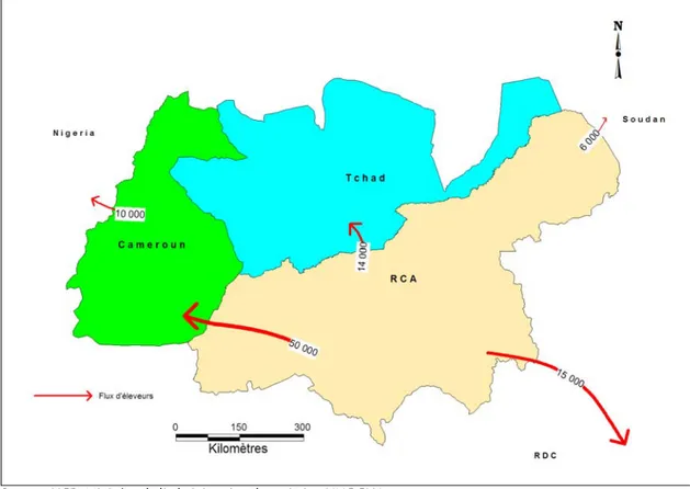 Figure 4. Flux migratoires des éleveurs centrafricains réfugiés dans les pays voisins