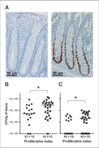 Figure 3. Signi ﬁ cant relationship between colonization of the mucosa by E. coli and the mucosal proliferative index