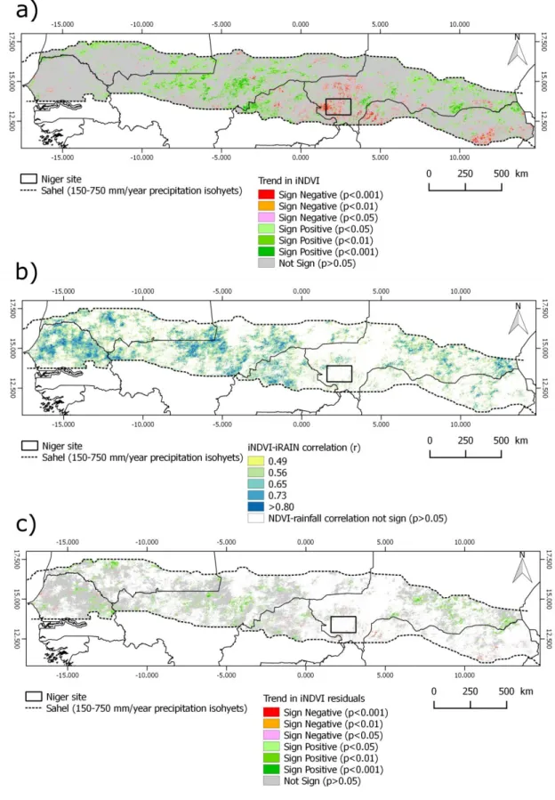 Figure  4.  Spatial  distribution  over  the  western  Sahel  of  a)  the  MODIS         trends;  b)  the  correlation  coefficient 