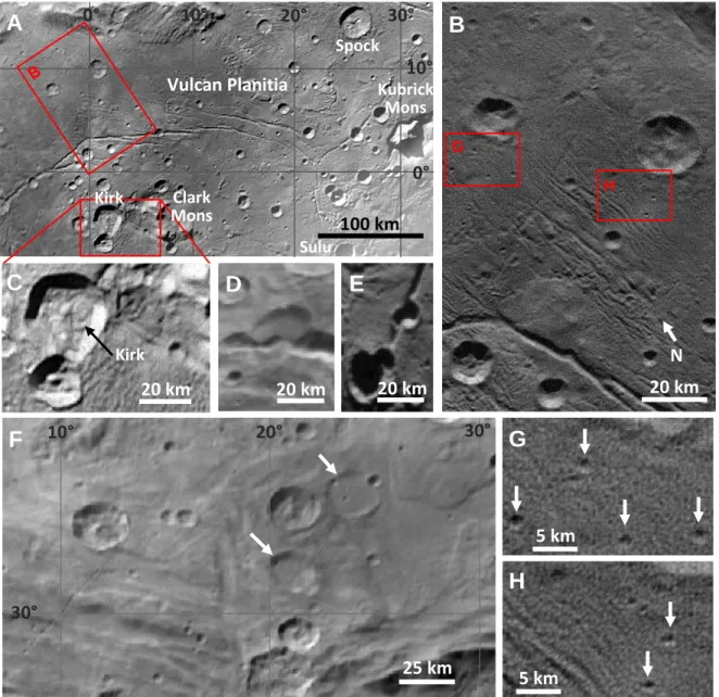 Figure 1. Geology of Charon.  (A) Vulcan Planitia (VP); (B) high resolution view of VP with smoother  regions; (C) craters with hummocky floors; (D–E) the only two craters on VP that may have been cut by faults,  or alternatively their formation was affect