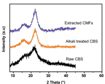Fig. 5 TGA (a) DTG (b) curves of CBS, alkali treated CBS and extracted CMFs.
