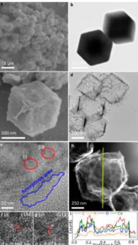 Figure 1. (a) SEM and (b) TEM images of ZIF-67 nanocrystals. (c) SEM, (d) TEM and (e−g) HRTEM images  of H-Co-LDH@PDA