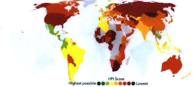 Figure  2-4:  Global  Overview  of the  Happy  Planet  Index  in  2016.  Source:  Happy  Planet  In- In-dex:  2012  Report