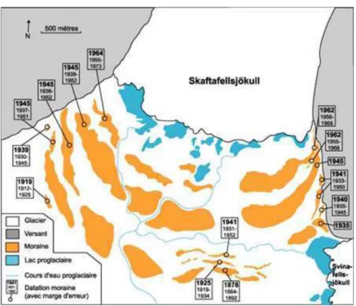 Figure 5 - Datation des moraines du glacier Skaftafellsjökull par lichénométrie