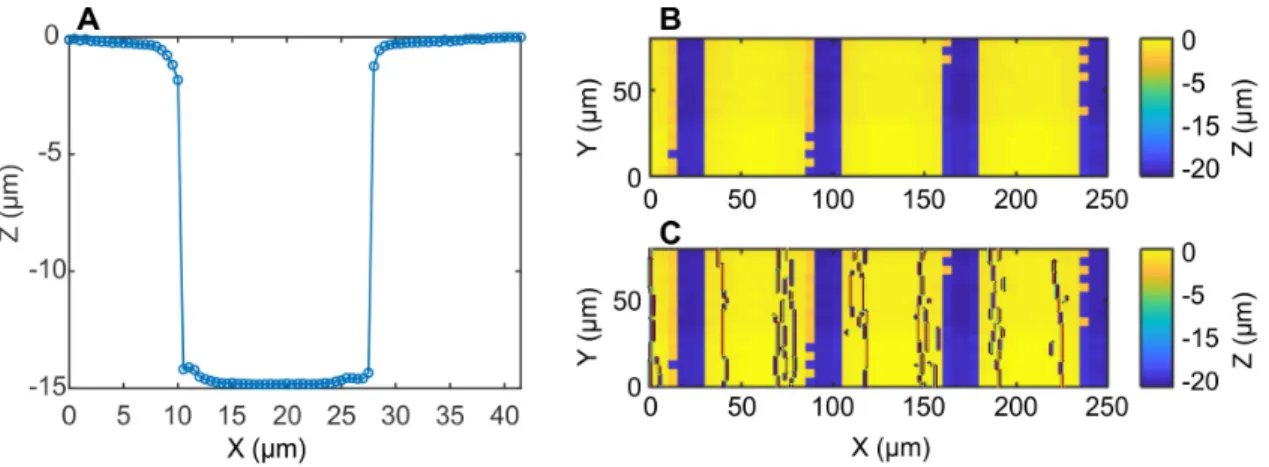 Figure S8: A) Line scan over a groove from the SICM image. (B) SICM map of the Si/SU-8 substrate