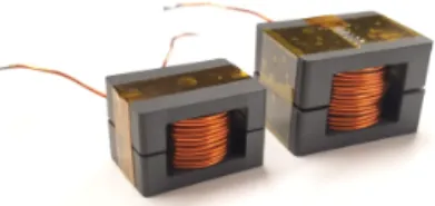 Fig. 10: 4x Volume Scaling: Experimental power handling capability of the prototype inductors (yellow) at ∆T = 40 ◦ C and 3 MHz compared to simulated results of the MP17 (blue) and MP27 (red) core sets