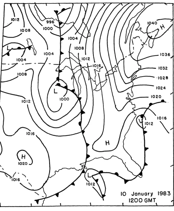Fig.  1.  Surface  isobaric  analysis  in  the  eastern  US  at  1200  GMT on  10  January  1983.