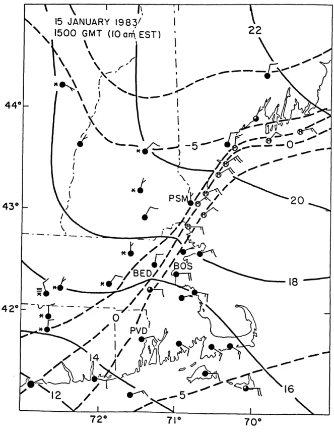 Fig.  9.'  Surface  analysis  in  eastern  New  England  at  1500  GMT (10  am  LST)  on  15  January  1983