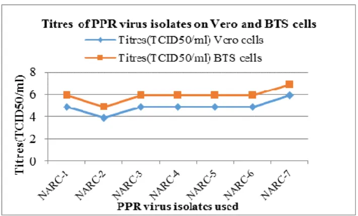 Fig. 4: Comparison of PPRV titres propagated onto Vero and BTS cells  Table 4: The IDs of isolates and the time taken for both cell lines (BTS 