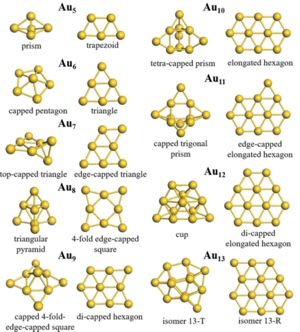 FIG. 1. Most stable planar and nonplanar gold cluster structures for Au 5 − Au 13 at 0 K