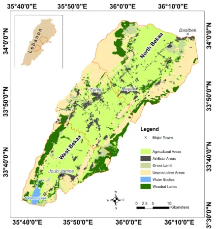 Figure 1. Location of Bekaa plain of Lebanon with major towns located. North Bekaa and  West Bekaa are shown on the upper and lower parts of the map, respectively  (Landcover/Landuse NCRS-L, 2016)