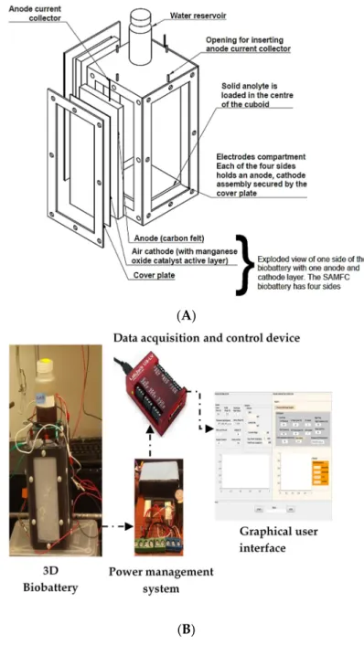 Figure 1. Schematic diagram of a SA-MFC biobattery (A); pictures of the assembled setup (B)
