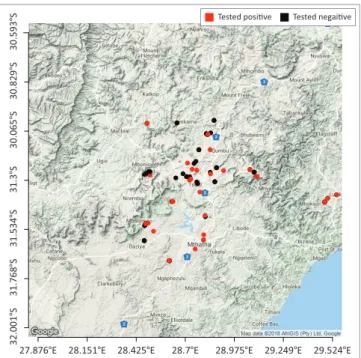 FIGURE 2: Geographic distribution of sampled households with goats (red dots  indicate positive test results and black dots indicate negative test results).
