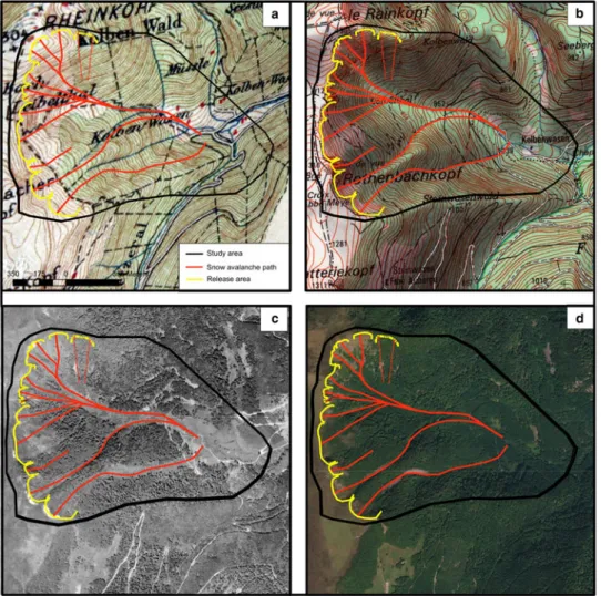 Fig. 14. (a) German map of 1900 (Karl Flemming Mapping Institute), (b) French map of 1988 (Club Vosgien), ortho-rectified aerial photographs of (c) 1968 and (d) 2010 (French National Geographical Institute)