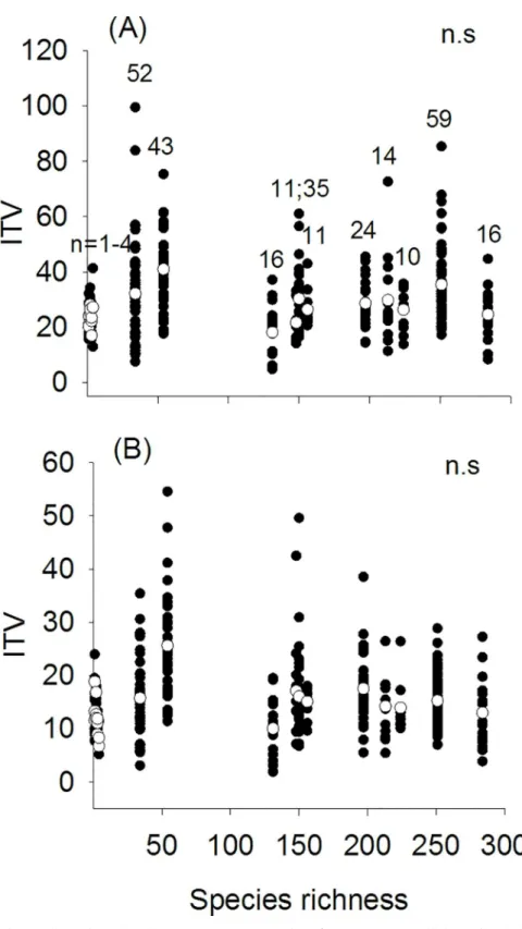 Fig 2. Effect of species richness on the extent of ITV (estimated as coefficient of variation, CV) for (A) leaf size and (B) SLA