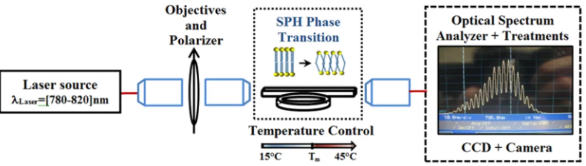 Fig. 3. Global photonics platform for SPH ‘gel/fluid’ phase transition detection, thermal system control, computing and  signal processing ; a quantified optical spectrum example.