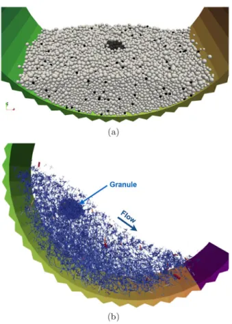 Fig. 4. (a) Snapshot of the granular bed showing the distri- distri-bution of dry particles (in white) and wet particles (in black) both those inside the initially deﬁned granule in the center of the bed and those randomly distributed throughout the bed;