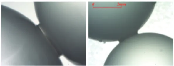 Figure 1. (Left) Capillary bridge of Ucon Oil between 3mm glass beads. (Right) Solid bridge of paraffin between 7mm glass beads after solidification of the original capillary bridge of liquid  paraf-fin.