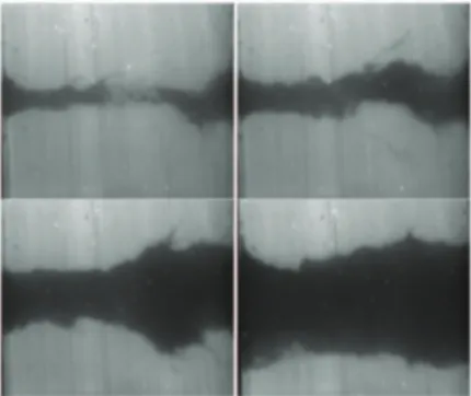 Figure 5. Time evolution of an initially cylindrical pipe in a transparent synthetic clay sample during a Hole Erosion Test with water flow from left to right