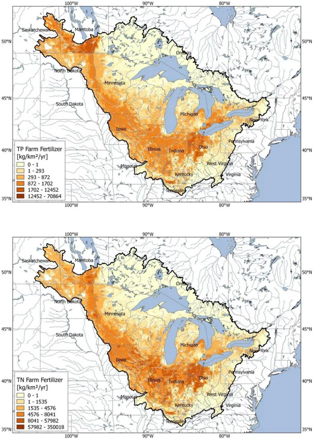 Figure 12: Total phosphorus (above) and total nitrogen (below) input rates, by catchment, throughout the Midcontinental region.