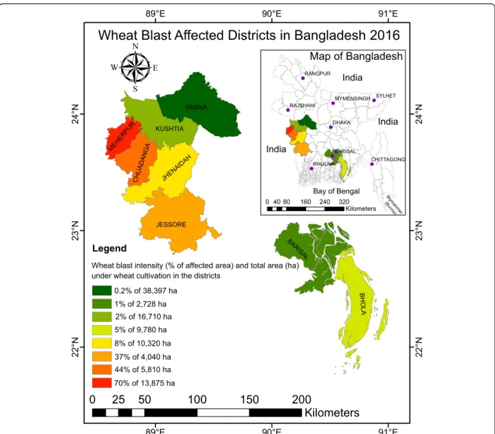 Fig. 1 Geographical distribution and severity of the wheat blast outbreak in eight southwestern districts of Bangladesh
