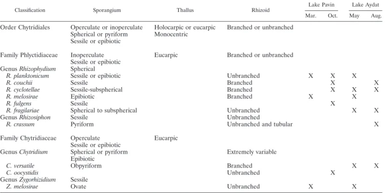 FIG. 4. Variations in the numerical (a and c) and relative (b and d) abundances of phytoplankton and their chytrid parasite (i.e., sporangia) communities