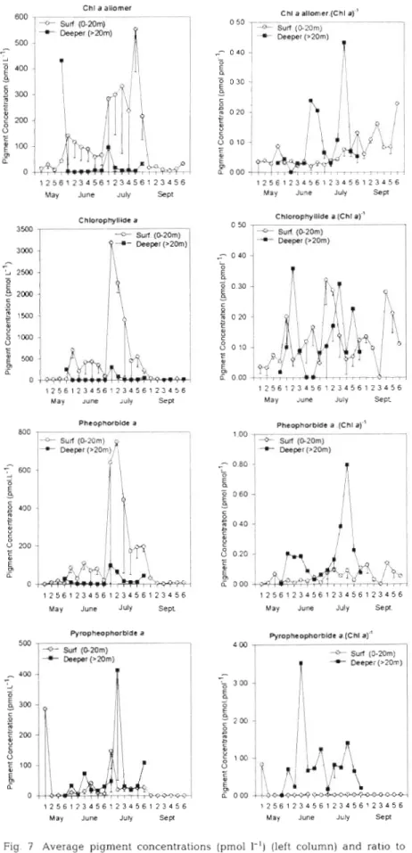 Fig.  7  Average  pigment  concentrations  (pm01 I-')  (left  column)  and  ratio  to  chl  a  (right column) for various  chl a degradation pigments 