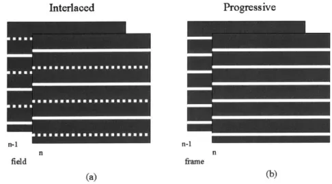 Figure  1-1:  Scan modes  for video  sequences.  (a) In  interlaced  fields  either the  even or the odd  lines are scanned